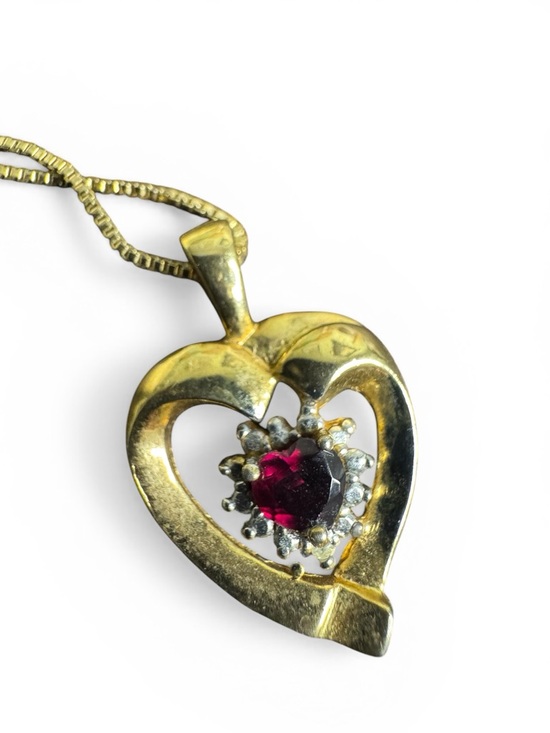 Vintage Jewelry - Gold Vermeil Heart Pendant Necklace with Ruby-Red Center FAS 925 Italy 18”